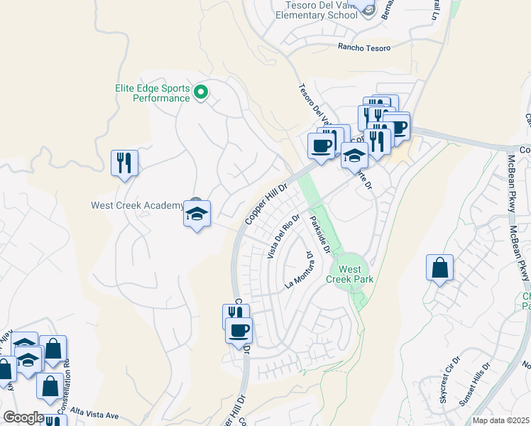 map of restaurants, bars, coffee shops, grocery stores, and more near 28645 Jardineras Drive in Santa Clarita