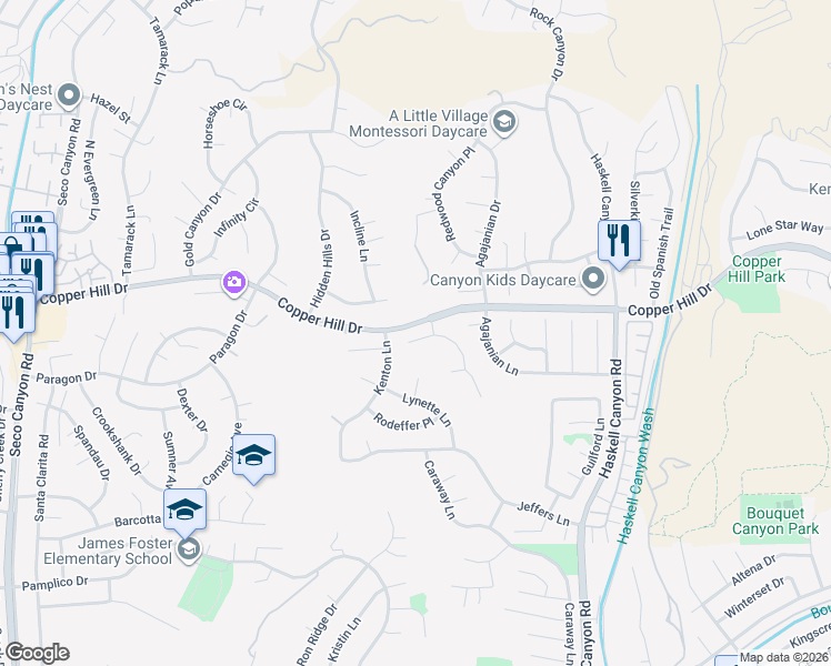 map of restaurants, bars, coffee shops, grocery stores, and more near 21977 Wakefield Court in Santa Clarita