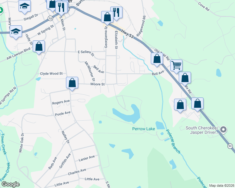 map of restaurants, bars, coffee shops, grocery stores, and more near 429 Moore Street in Jasper