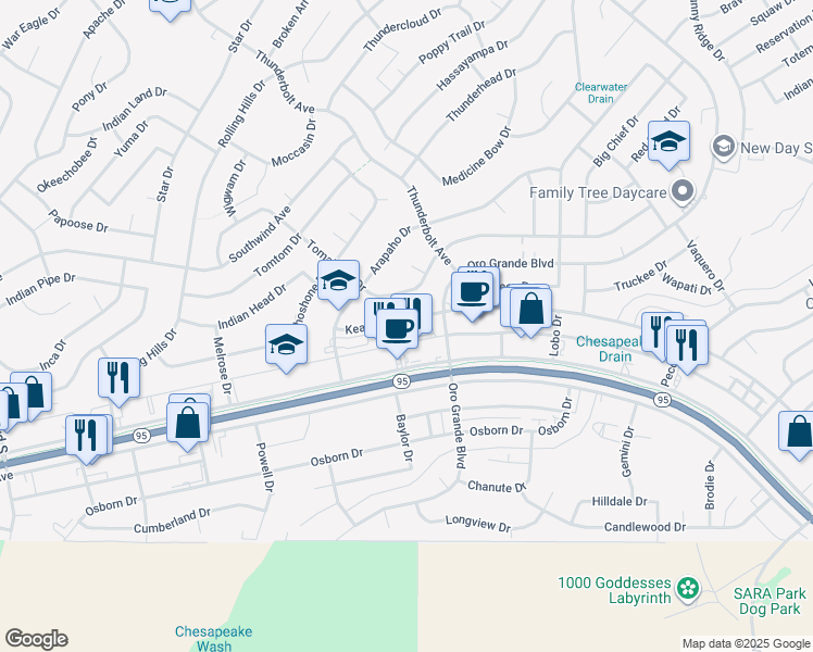 map of restaurants, bars, coffee shops, grocery stores, and more near 3171 Kearsage Drive in Lake Havasu City