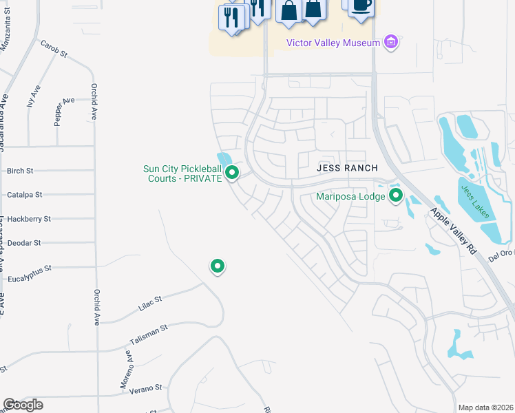 map of restaurants, bars, coffee shops, grocery stores, and more near 18973 Alpine Street in Apple Valley