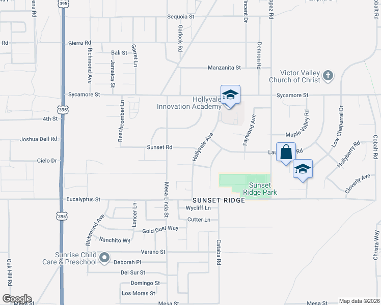 map of restaurants, bars, coffee shops, grocery stores, and more near 12594 Sunset Road in Victorville