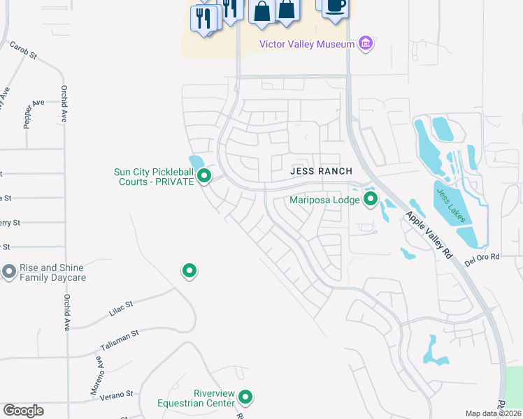 map of restaurants, bars, coffee shops, grocery stores, and more near 19006 Cassia Court in Apple Valley