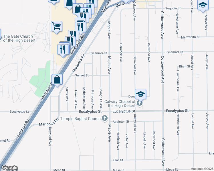 map of restaurants, bars, coffee shops, grocery stores, and more near 11482 Maple Avenue in Hesperia