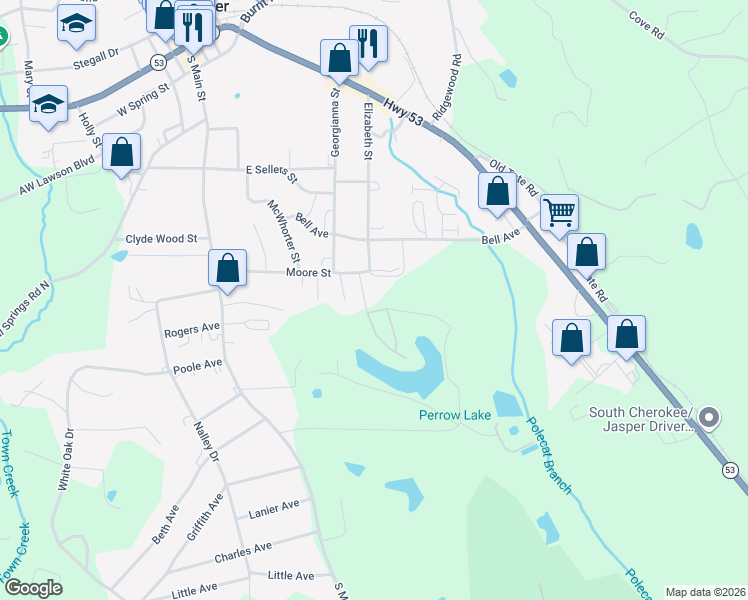 map of restaurants, bars, coffee shops, grocery stores, and more near 429 Moore Street in Jasper