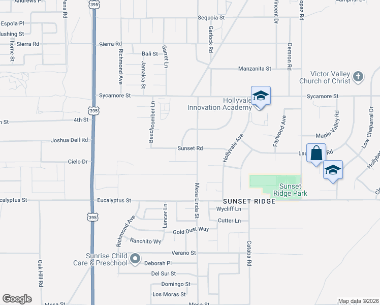 map of restaurants, bars, coffee shops, grocery stores, and more near 12479 Sunset Road in Victorville