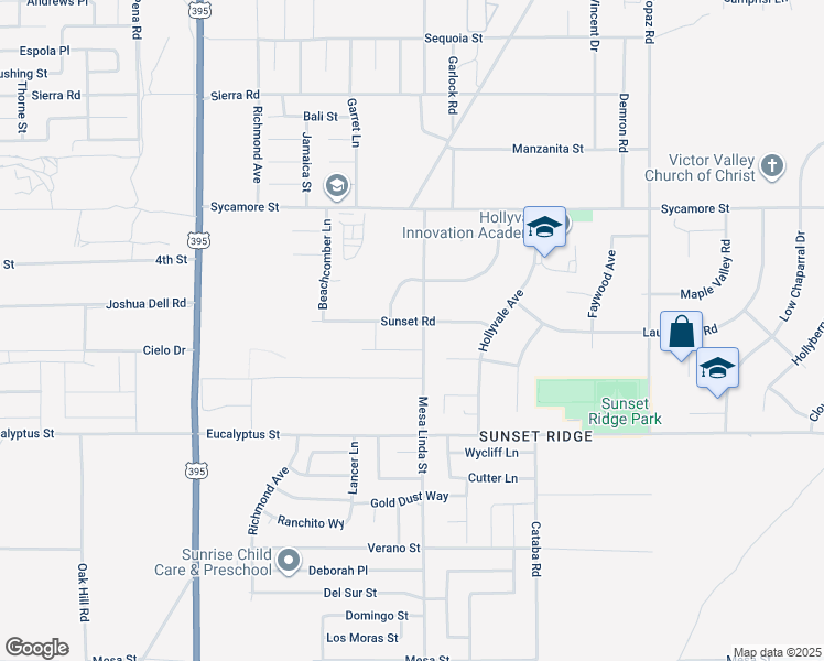 map of restaurants, bars, coffee shops, grocery stores, and more near 12487 Sunset Road in Victorville