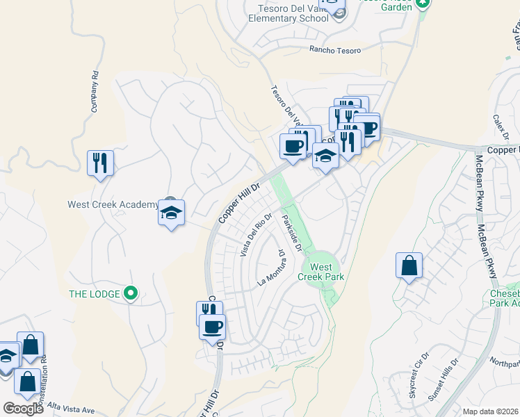 map of restaurants, bars, coffee shops, grocery stores, and more near 28734 Jardineras Drive in Santa Clarita