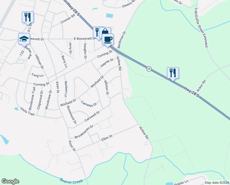 map of restaurants, bars, coffee shops, grocery stores, and more near 3907 Allston Street in Anderson