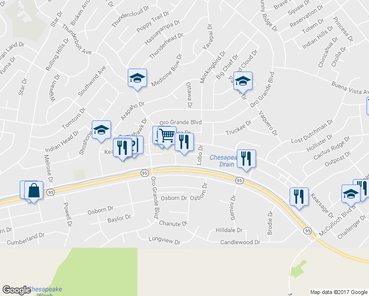 map of restaurants, bars, coffee shops, grocery stores, and more near 3300 Kearsage Drive in Lake Havasu City