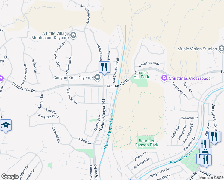 map of restaurants, bars, coffee shops, grocery stores, and more near 21558 Oak Drive in Santa Clarita