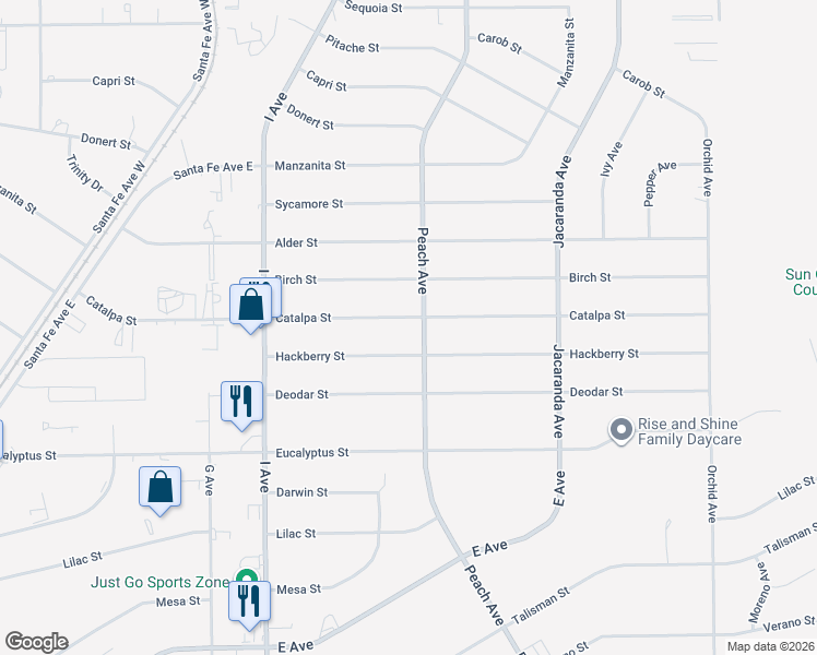 map of restaurants, bars, coffee shops, grocery stores, and more near 17963 Catalpa Street in Hesperia