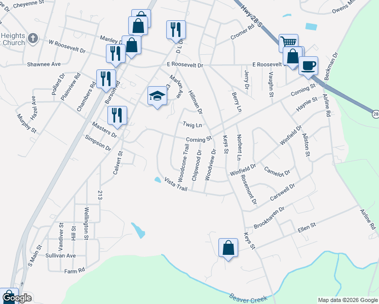 map of restaurants, bars, coffee shops, grocery stores, and more near 3503 Woodcone Trail in Anderson