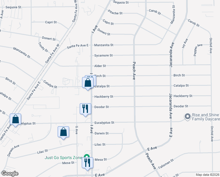 map of restaurants, bars, coffee shops, grocery stores, and more near 17825 Catalpa Street in Hesperia