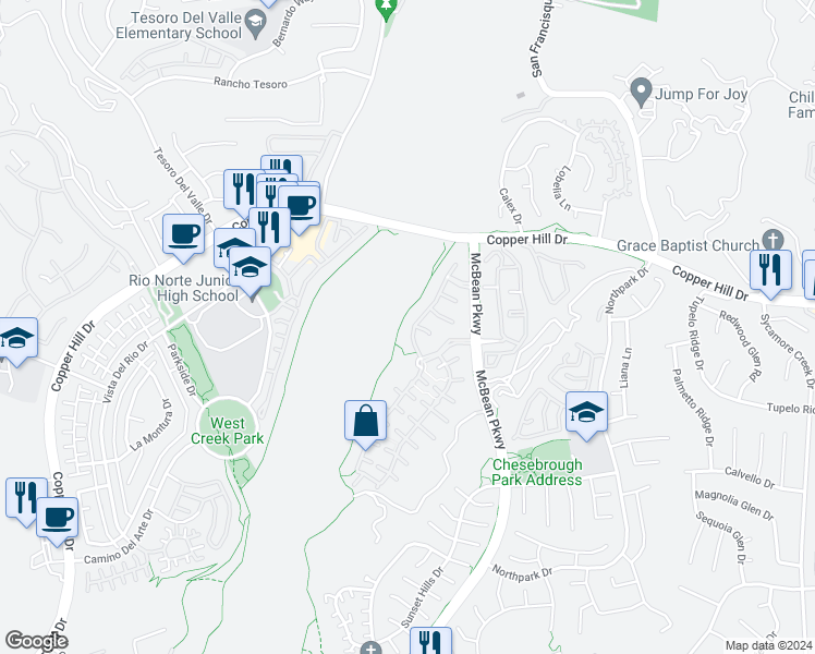 map of restaurants, bars, coffee shops, grocery stores, and more near 28231 River Trail Lane in Santa Clarita