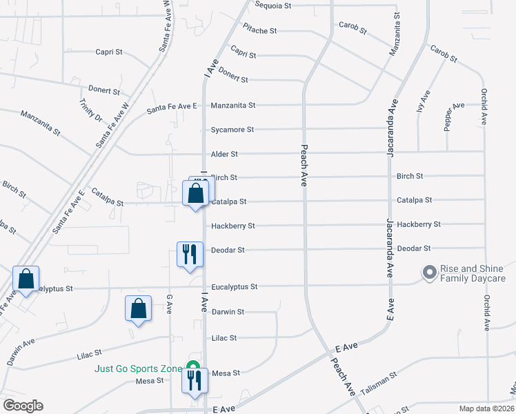map of restaurants, bars, coffee shops, grocery stores, and more near 17825 Catalpa Street in Hesperia