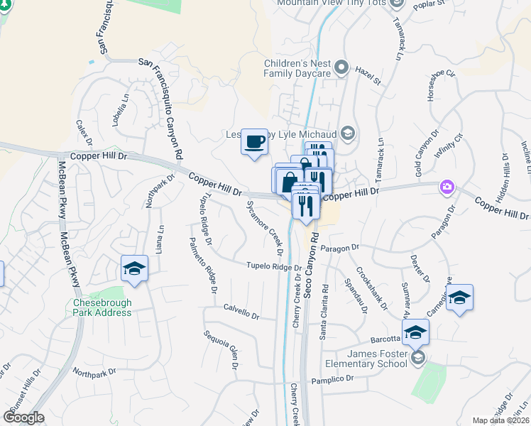 map of restaurants, bars, coffee shops, grocery stores, and more near 22932 Beech Creek Circle in Santa Clarita
