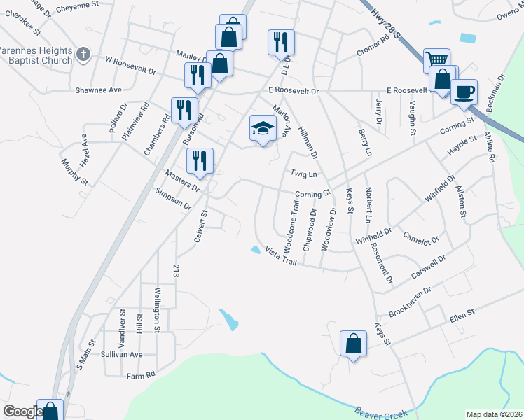 map of restaurants, bars, coffee shops, grocery stores, and more near 3502A Deerwood Trail in Anderson