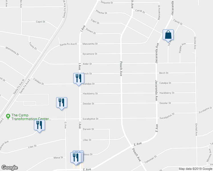 map of restaurants, bars, coffee shops, grocery stores, and more near 17887 Catalpa Street in Hesperia