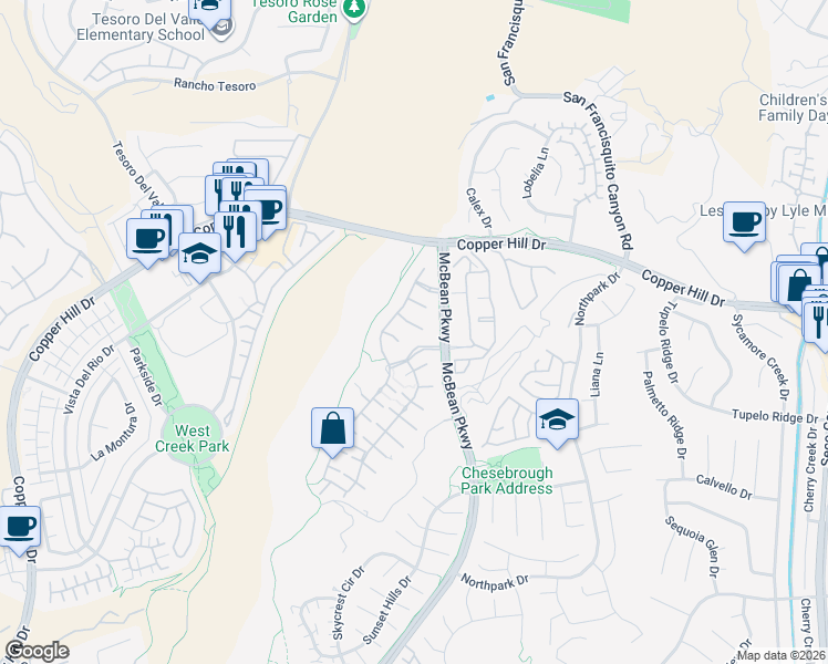 map of restaurants, bars, coffee shops, grocery stores, and more near 23743 Noble Fir Court in Santa Clarita