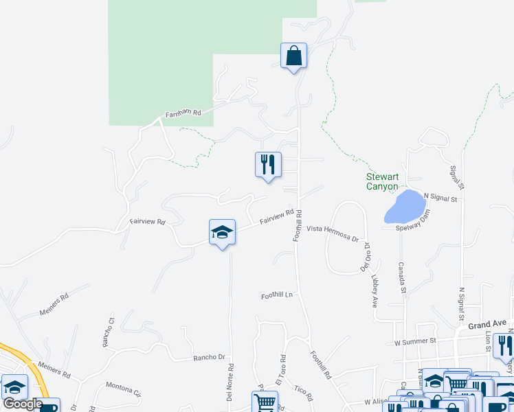 map of restaurants, bars, coffee shops, grocery stores, and more near 1250 Fairview Court in Ojai