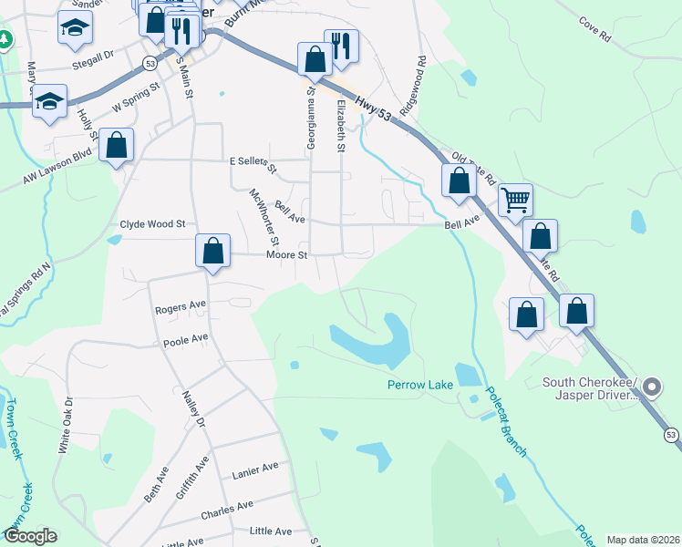 map of restaurants, bars, coffee shops, grocery stores, and more near 429 Moore Street in Jasper