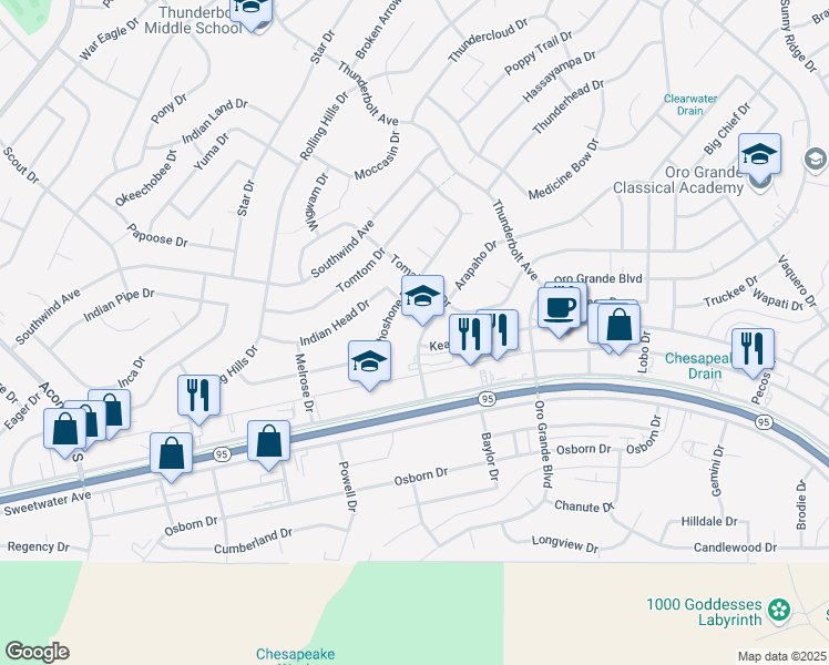 map of restaurants, bars, coffee shops, grocery stores, and more near 3085 Arapaho Drive in Lake Havasu City
