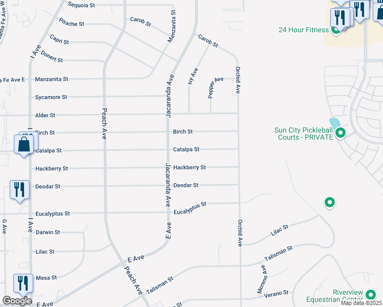 map of restaurants, bars, coffee shops, grocery stores, and more near 18319 Catalpa Street in Hesperia