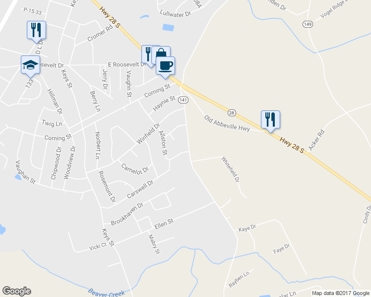 map of restaurants, bars, coffee shops, grocery stores, and more near 3907 Allston Street in Anderson