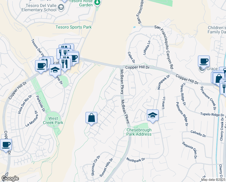 map of restaurants, bars, coffee shops, grocery stores, and more near 23743 Noble Fir Court in Santa Clarita