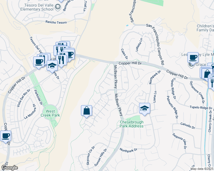 map of restaurants, bars, coffee shops, grocery stores, and more near 23743 Noble Fir Court in Santa Clarita