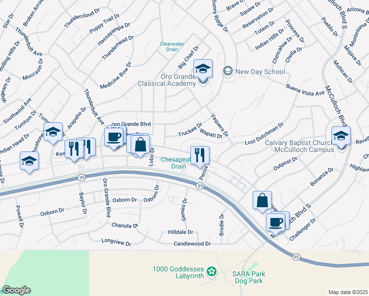 map of restaurants, bars, coffee shops, grocery stores, and more near 3401 Kearsage Drive in Lake Havasu City