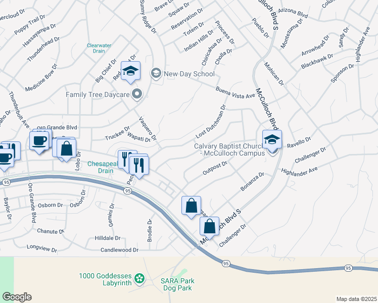map of restaurants, bars, coffee shops, grocery stores, and more near 3617 Hollister Drive in Lake Havasu City