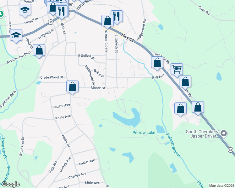 map of restaurants, bars, coffee shops, grocery stores, and more near 429 Moore Street in Jasper