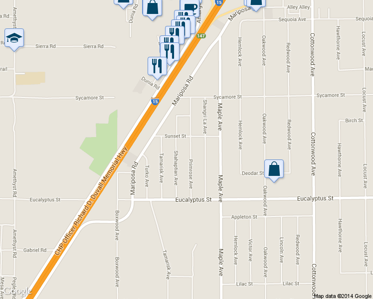 map of restaurants, bars, coffee shops, grocery stores, and more near 11494 Primrose Avenue in Hesperia