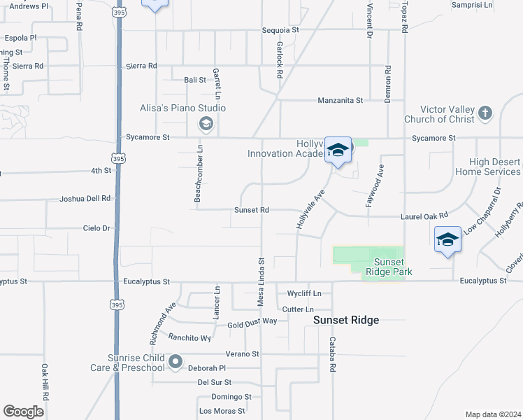 map of restaurants, bars, coffee shops, grocery stores, and more near Mesa Linda Street in Victorville