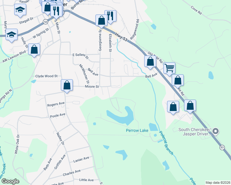 map of restaurants, bars, coffee shops, grocery stores, and more near 429 Moore Street in Jasper
