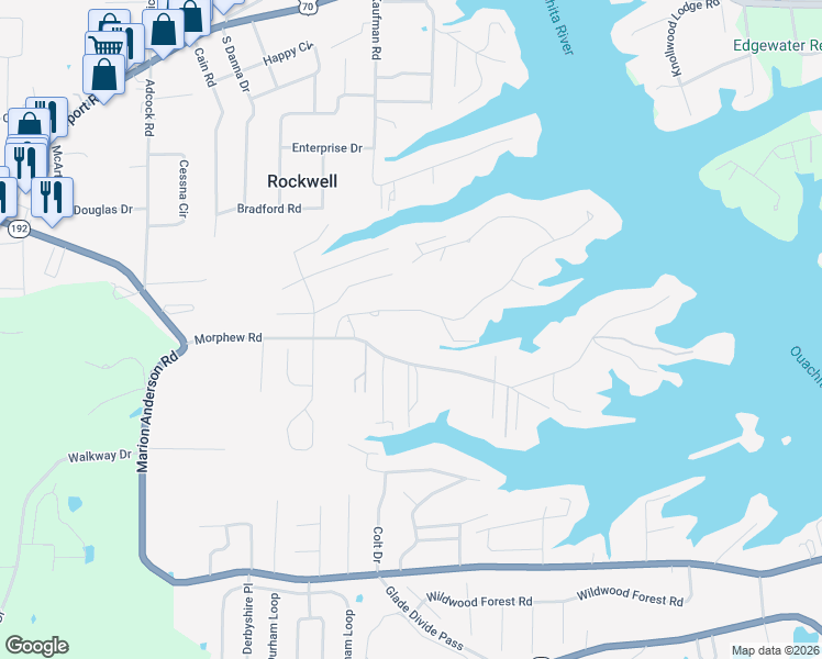 map of restaurants, bars, coffee shops, grocery stores, and more near 16 Stonegate Shores Drive in Hot Springs