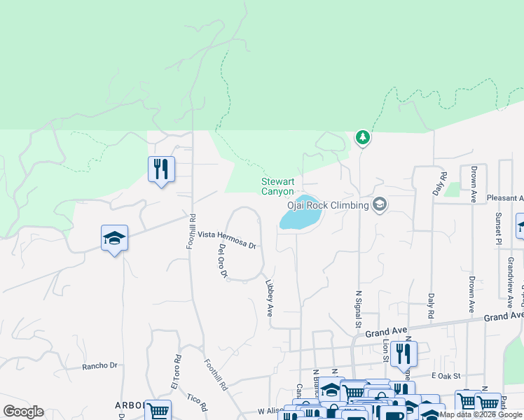 map of restaurants, bars, coffee shops, grocery stores, and more near 801 Del Oro Drive in Ojai