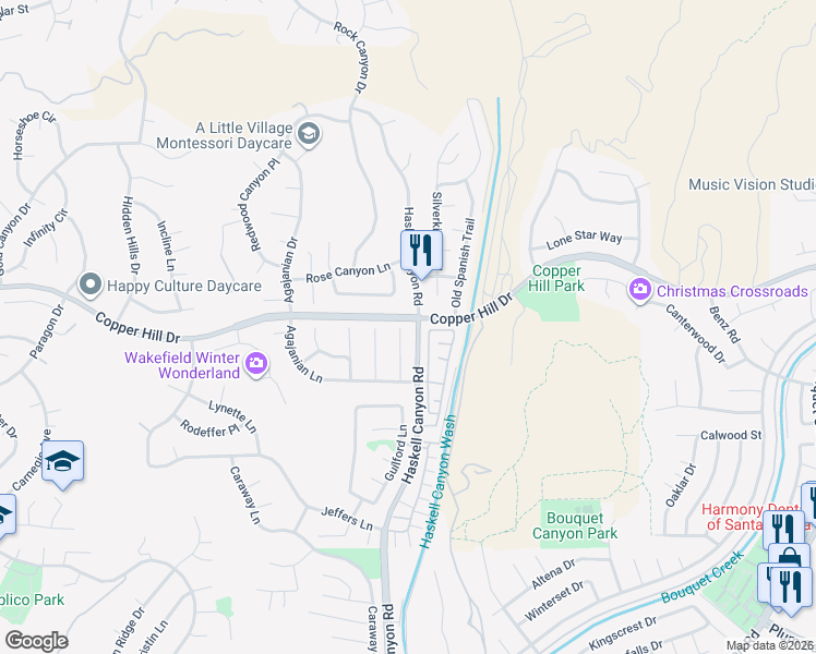 map of restaurants, bars, coffee shops, grocery stores, and more near 28360 Easton Lane in Santa Clarita