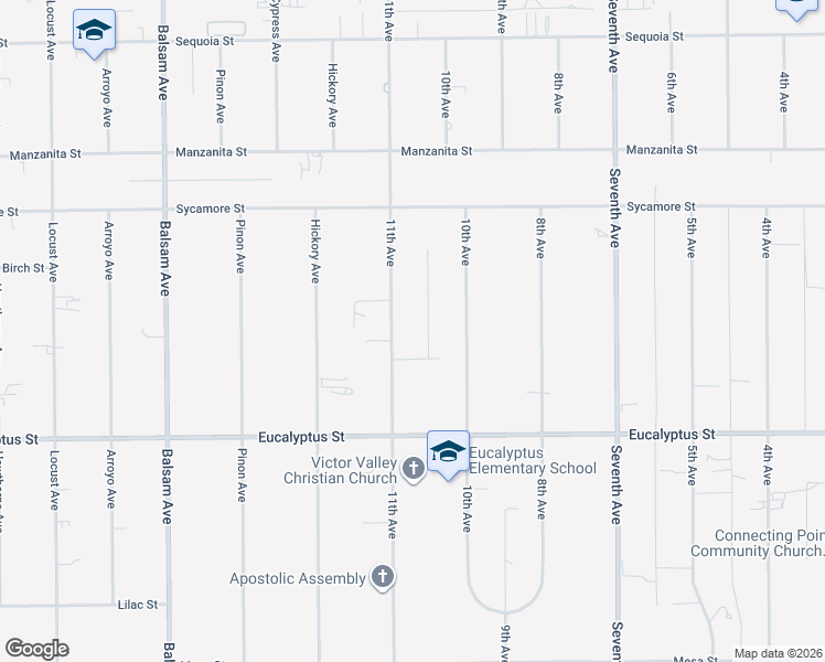 map of restaurants, bars, coffee shops, grocery stores, and more near 11474 10th Avenue in Hesperia