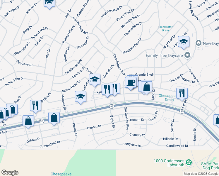 map of restaurants, bars, coffee shops, grocery stores, and more near 3171 Kearsage Drive in Lake Havasu City