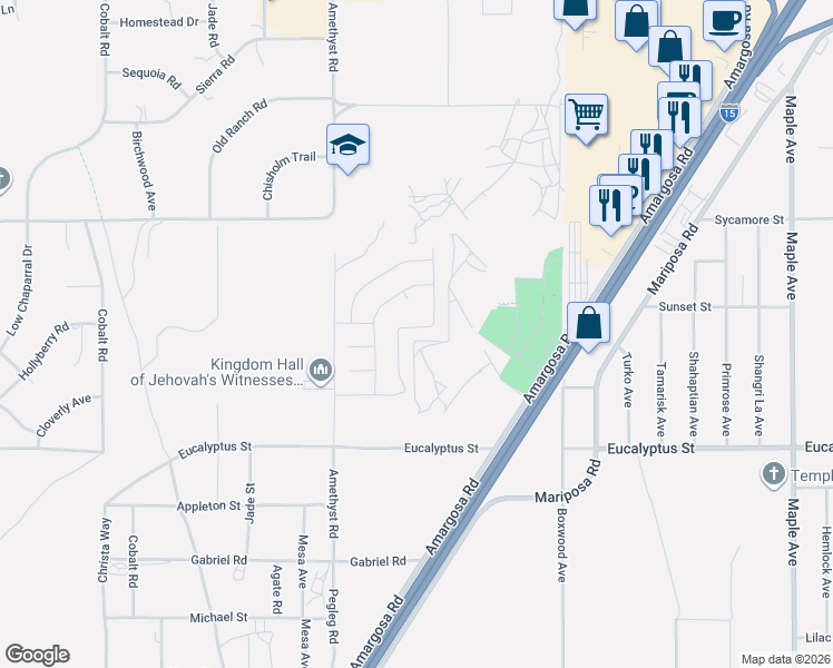 map of restaurants, bars, coffee shops, grocery stores, and more near 11535 Amethyst Road in Victorville