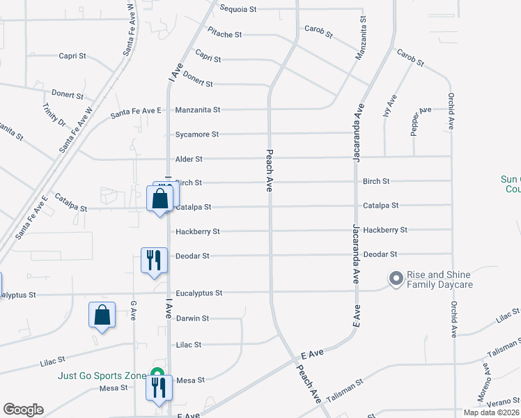 map of restaurants, bars, coffee shops, grocery stores, and more near 17963 Catalpa Street in Hesperia