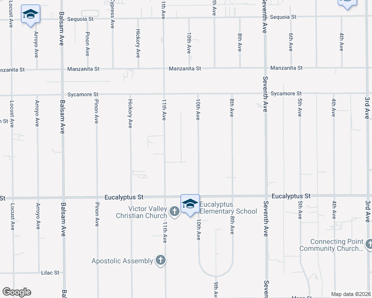 map of restaurants, bars, coffee shops, grocery stores, and more near 11474 10th Avenue in Hesperia