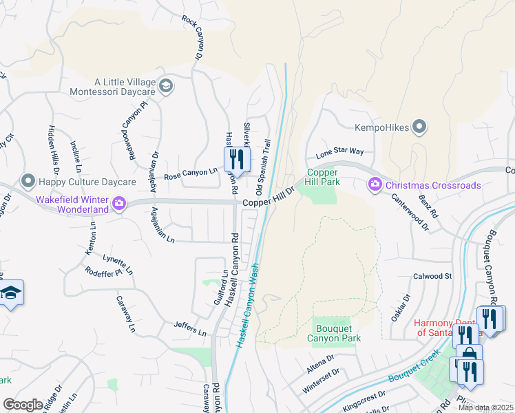 map of restaurants, bars, coffee shops, grocery stores, and more near 21553 Oak Drive in Santa Clarita