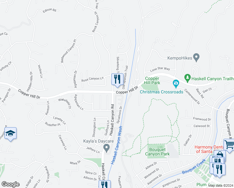 map of restaurants, bars, coffee shops, grocery stores, and more near 21557 Oak Drive in Santa Clarita
