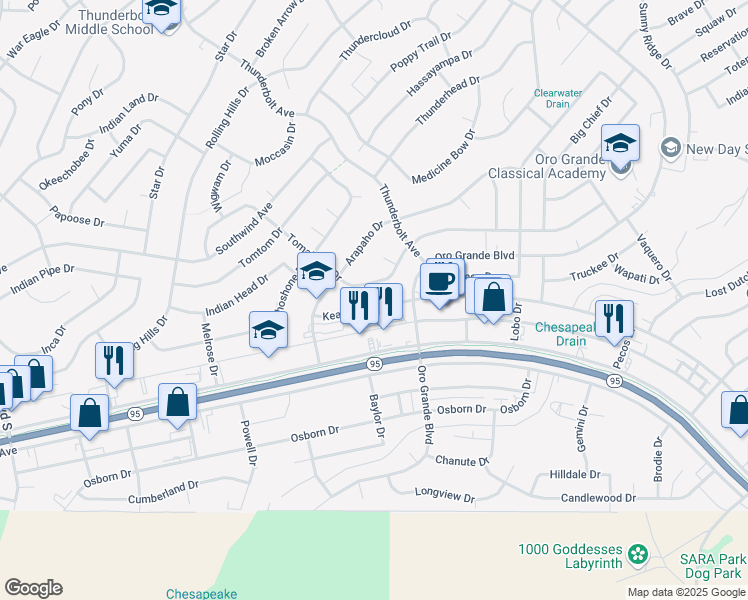 map of restaurants, bars, coffee shops, grocery stores, and more near 3171 Kearsage Drive in Lake Havasu City