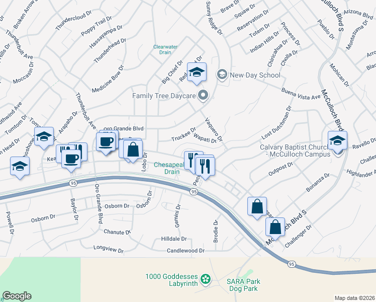 map of restaurants, bars, coffee shops, grocery stores, and more near 3410 Kearsage Place in Lake Havasu City