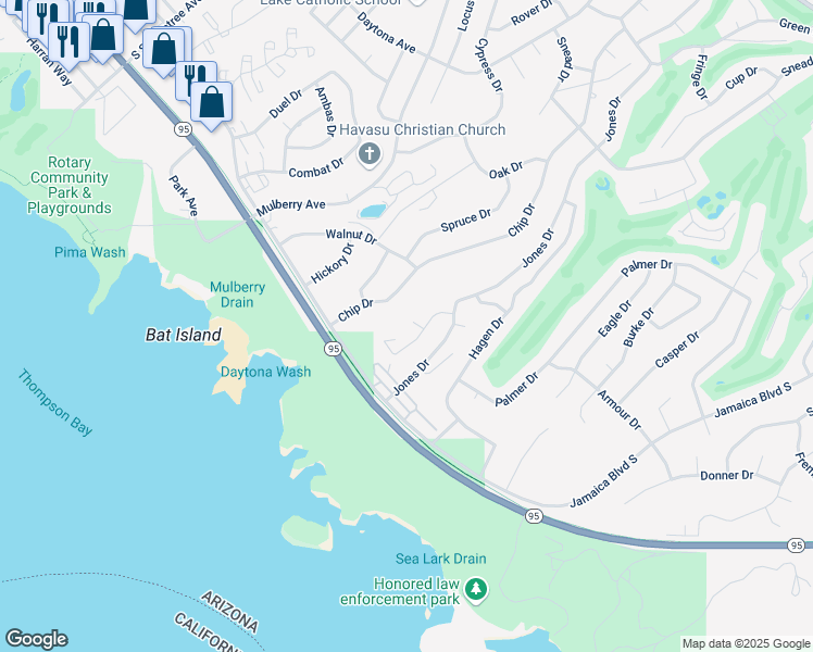 map of restaurants, bars, coffee shops, grocery stores, and more near 571 Burkemo Lane in Lake Havasu City